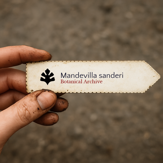 Etichetta stampata per pianta di Mandevilla sanderi tenuta da mano sporca all'aperto