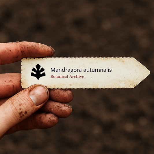 Etichetta con stampa della pianta Mandragora autumnalis tenuta da mano sporca su sfondo di terra