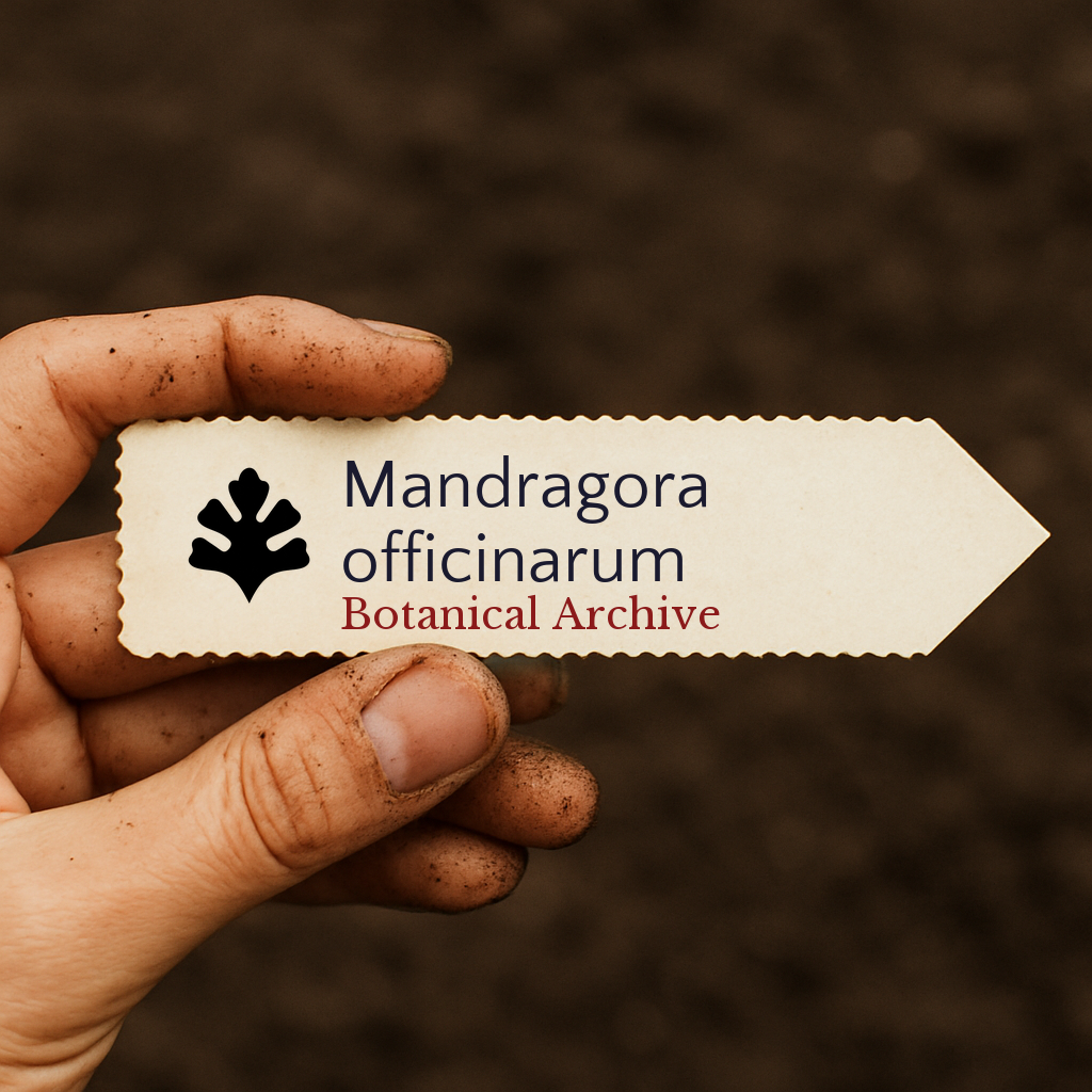 Etichetta stampata per pianta di Mandragora officinarum tenuta in mano sporca su sfondo di terra