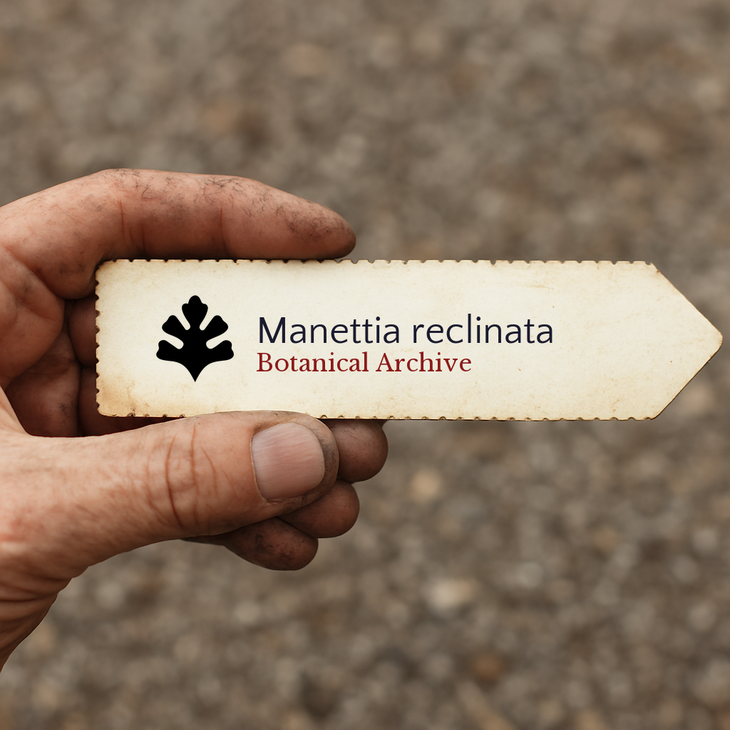 Etichetta stampata per pianta di Manettia reclinata tenuta in mano con sfondo di terra