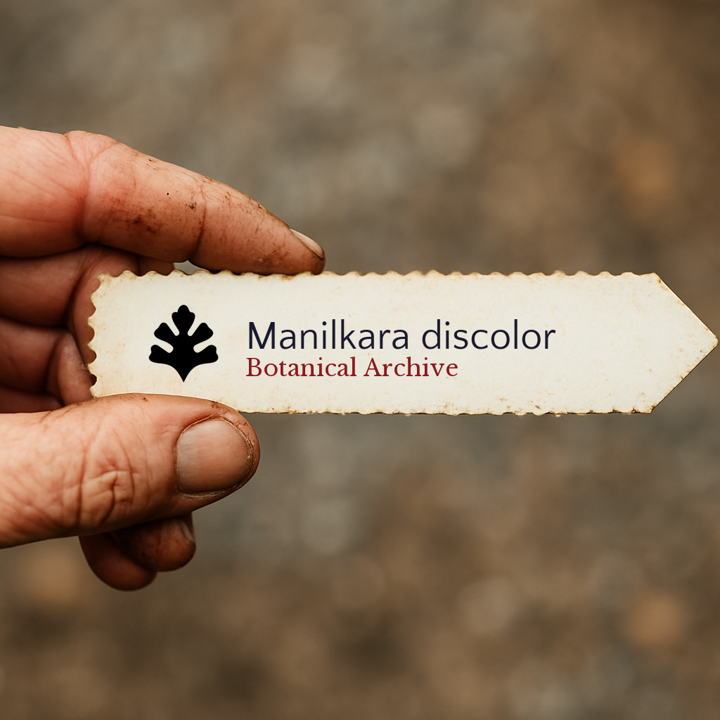 Etichetta per pianta stampata per Manilkara discolor con logo Botanical Archive tenuta a mano