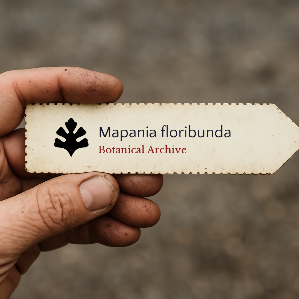 Printed plant label for Mapania floribunda held by hand with dirt background