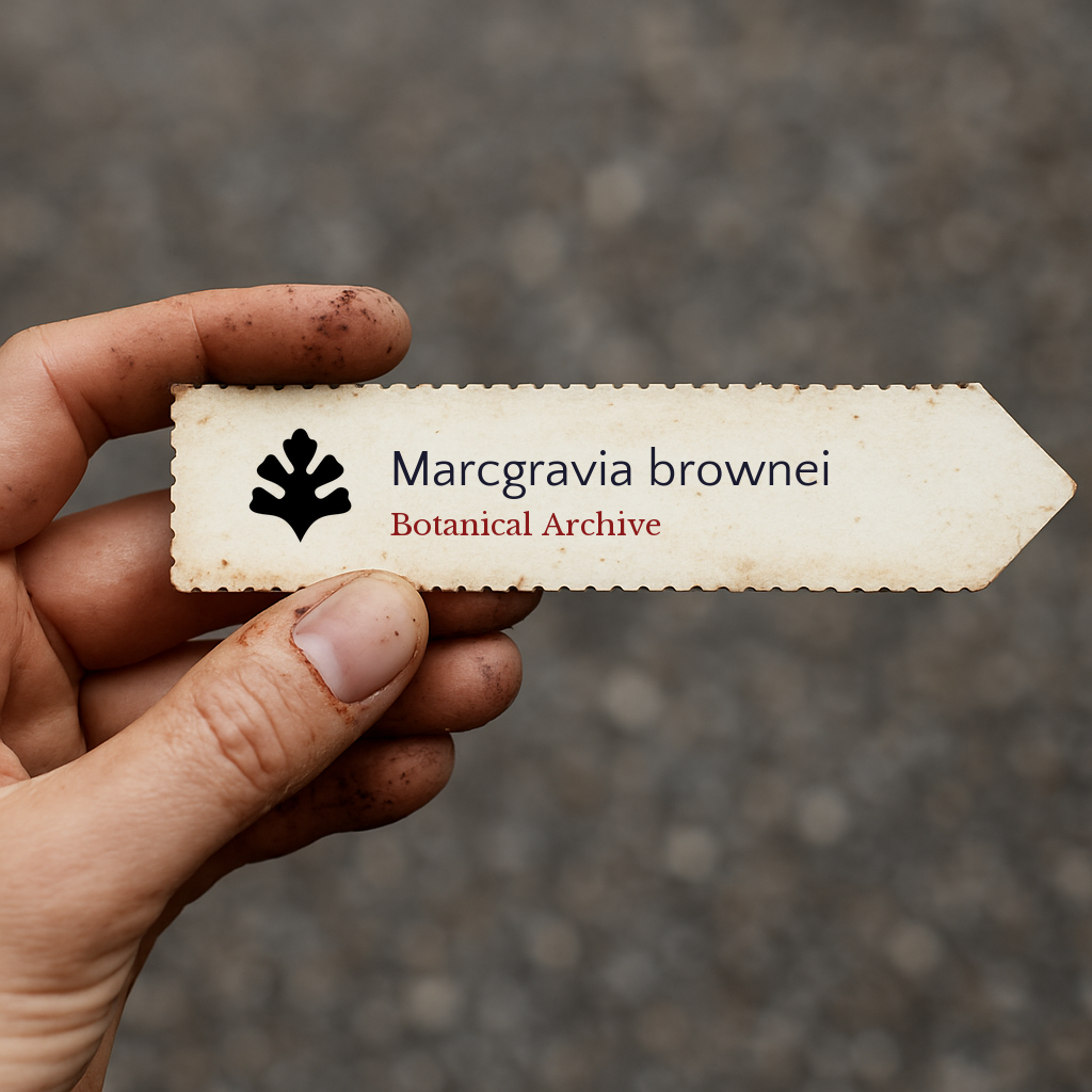 Printed plant label for Marcgravia brownei held by hand with dirt on fingers