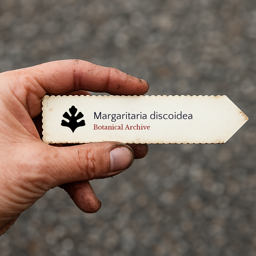 Printed plant label for Margaritaria discoidea held by a hand with soil-stained fingers