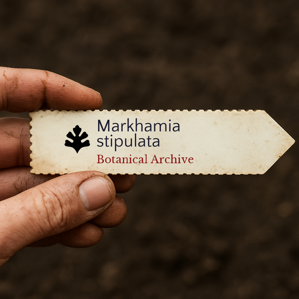Printed plant label for Markhamia stipulata held by hand over soil background