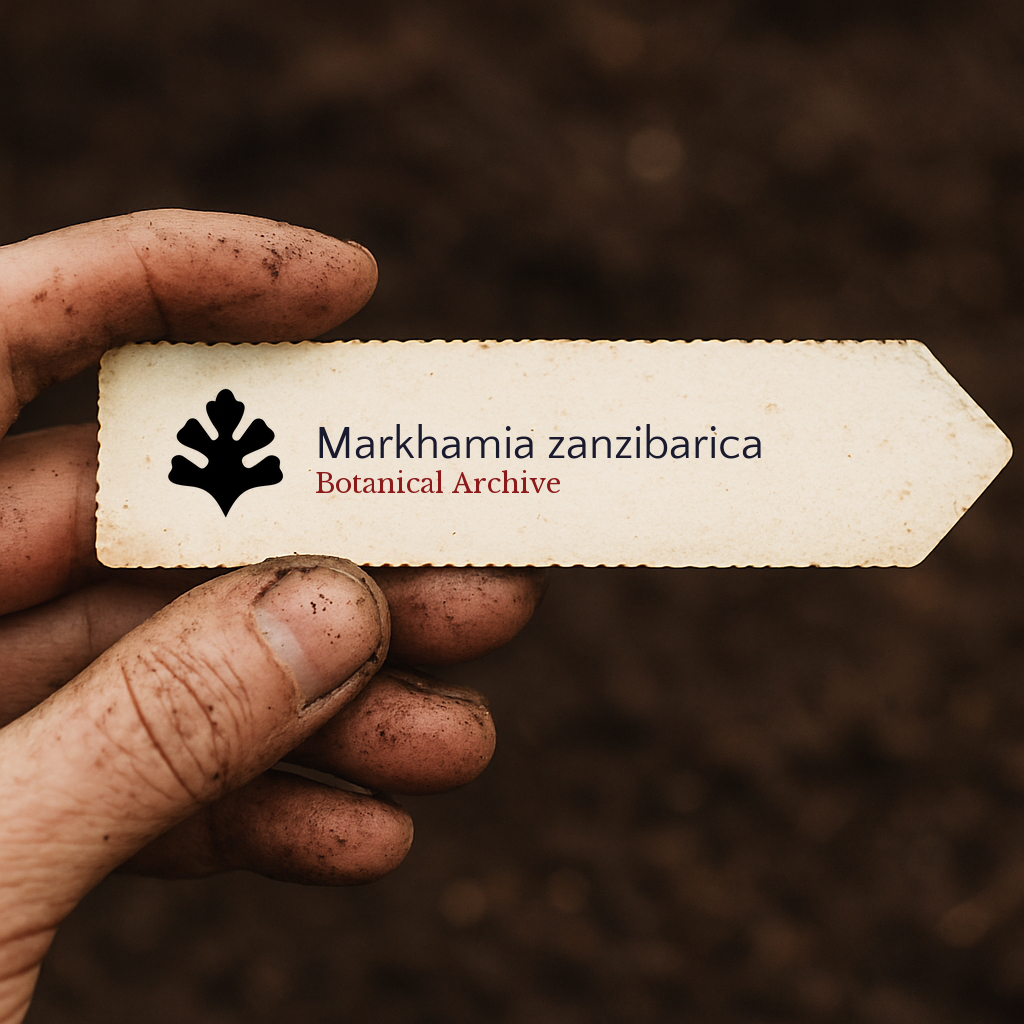 Plant label for Markhamia zanzibarica held by dirty hand over soil background