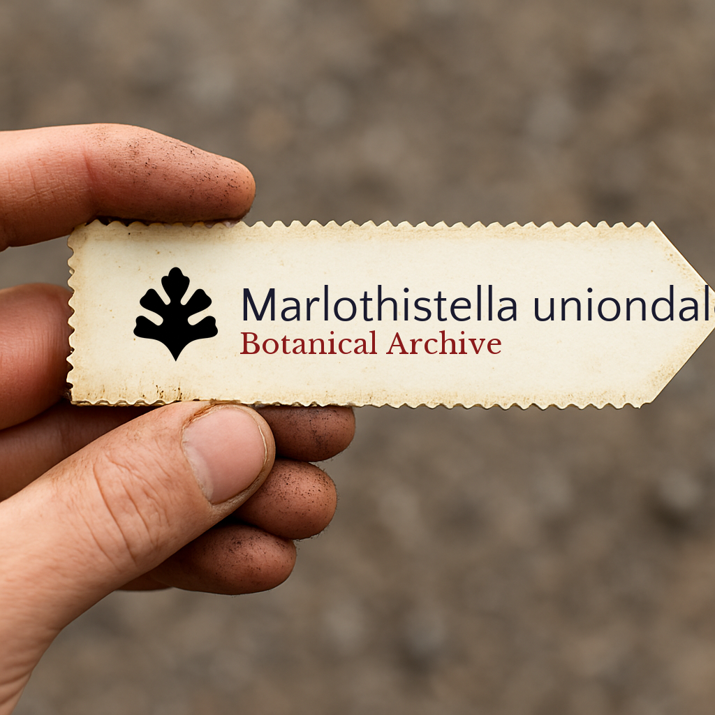 Printed plant label for Marlothistella uniondalensis held by dirty hands outdoors