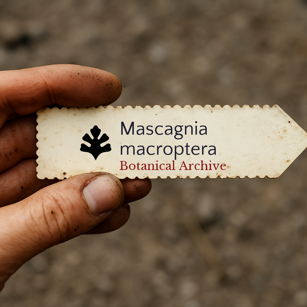 Etichetta vegetale stampata per Mascagnia macroptera tenuta a mano con sfondo di terra