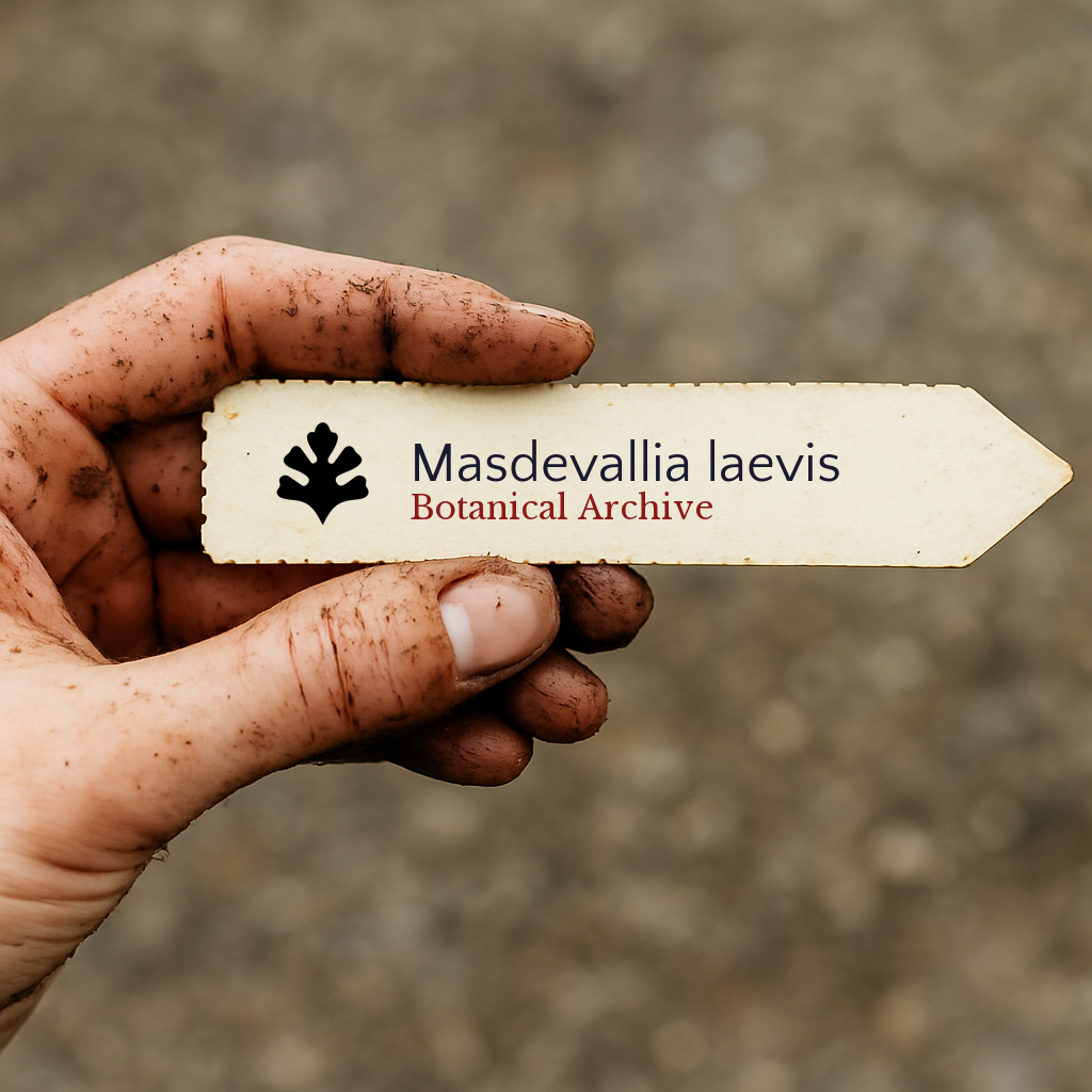 Printed plant label for Masdevallia laevis held by a dirty hand outdoors