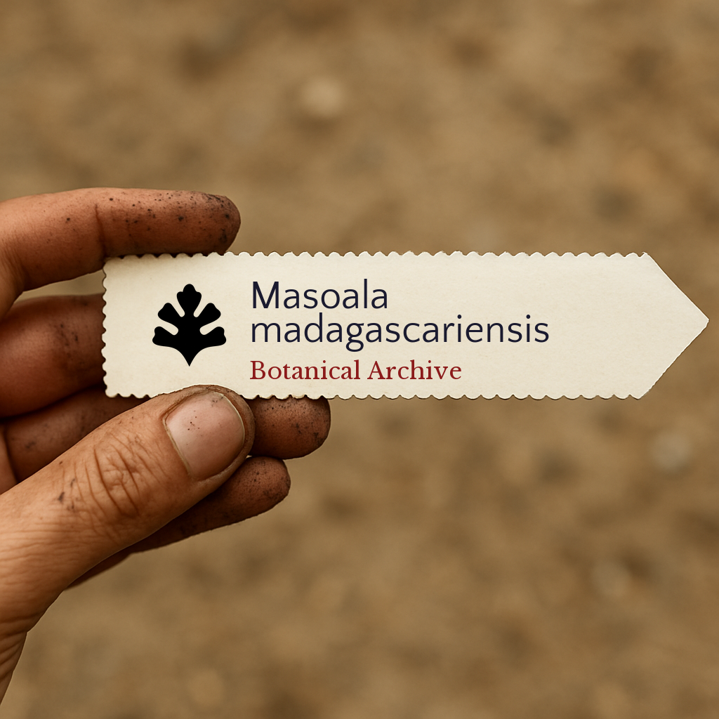 Printed plant label for Masoala madagascariensis held by dirty hand on blurred soil background