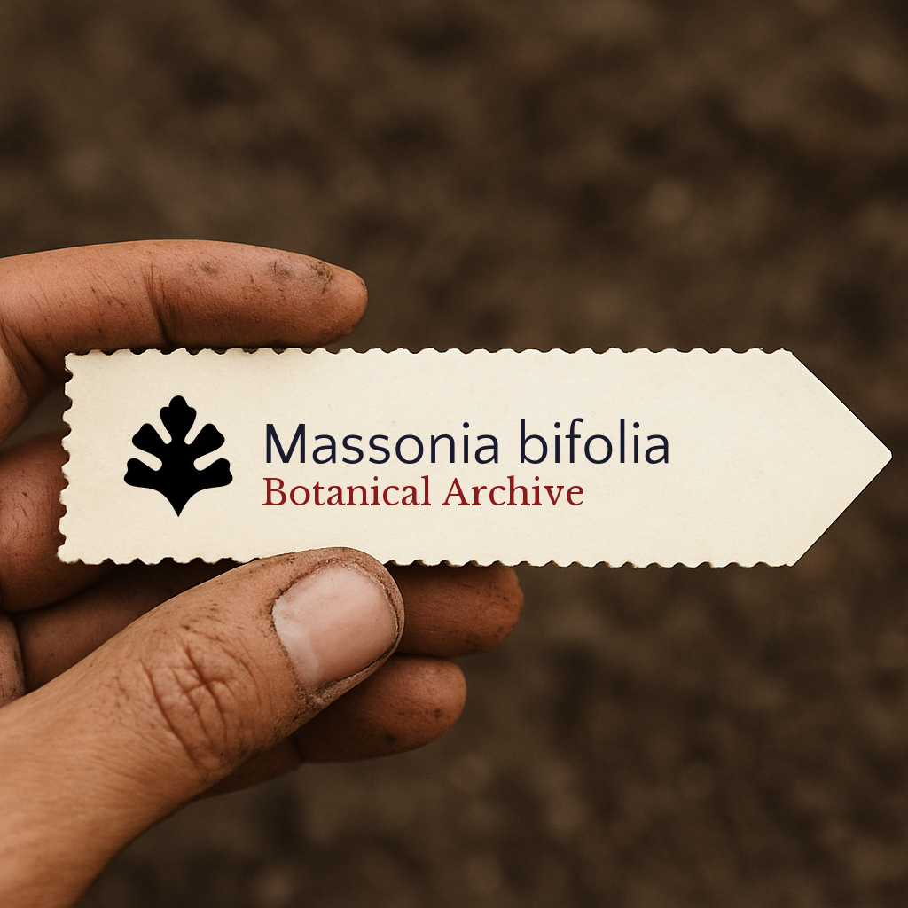 Etichetta stampata per pianta di Massonia bifolia con il logo di Botanical Archive tenuta a mano