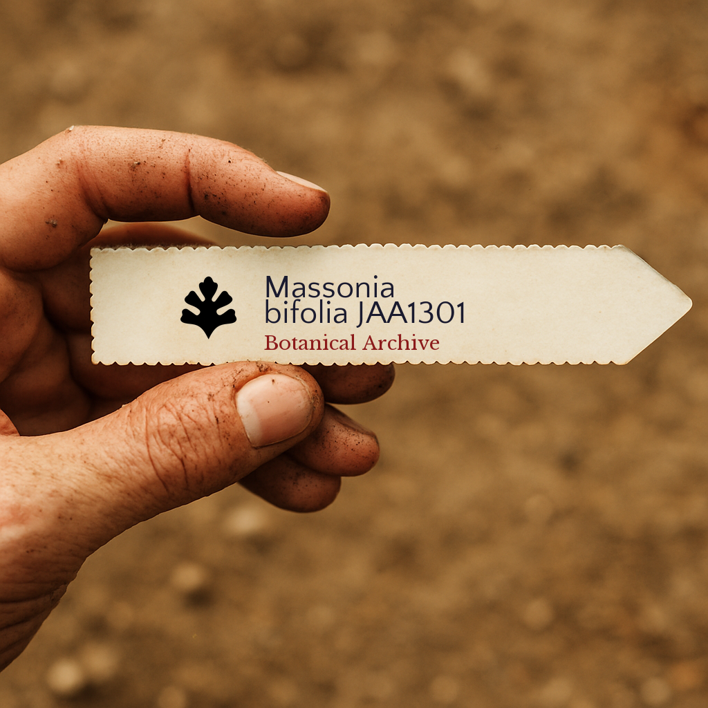 Printed plant label for Massonia bifolia held by dirty hand with soil background