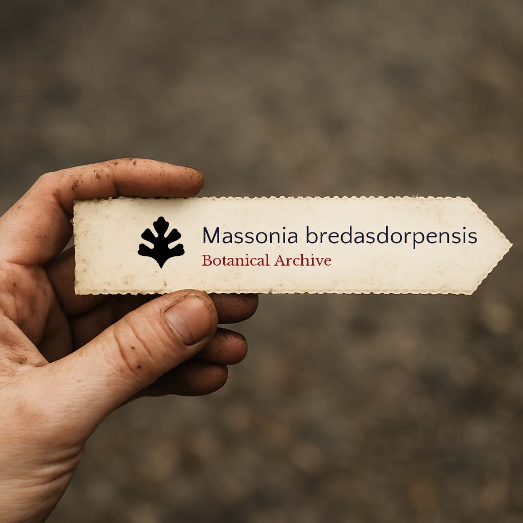 Printed plant label for Massonia bredasdorpensis held by hand with dirt background