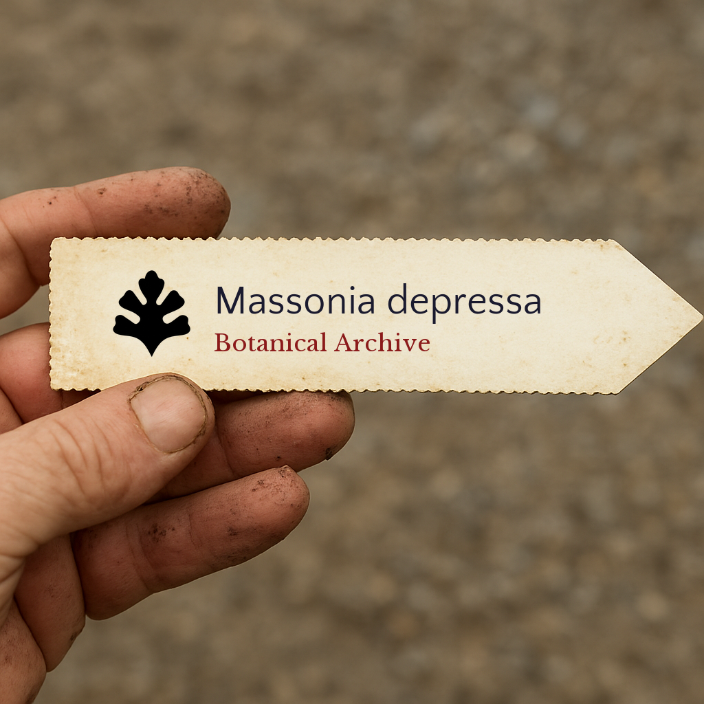 Etichetta per piante stampata per Massonia depressa con logo Botanical Archive tenuta a mano