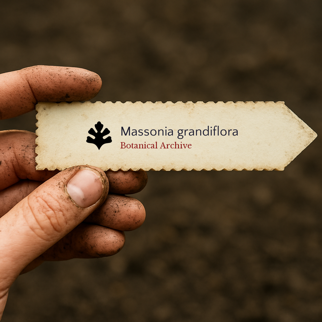 Printed plant label for Massonia grandiflora held in dirty hand over soil background