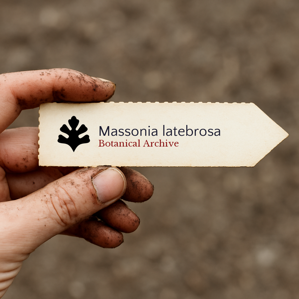 Printed plant label for Massonia latebrosa held by dirty hand with blurred soil background