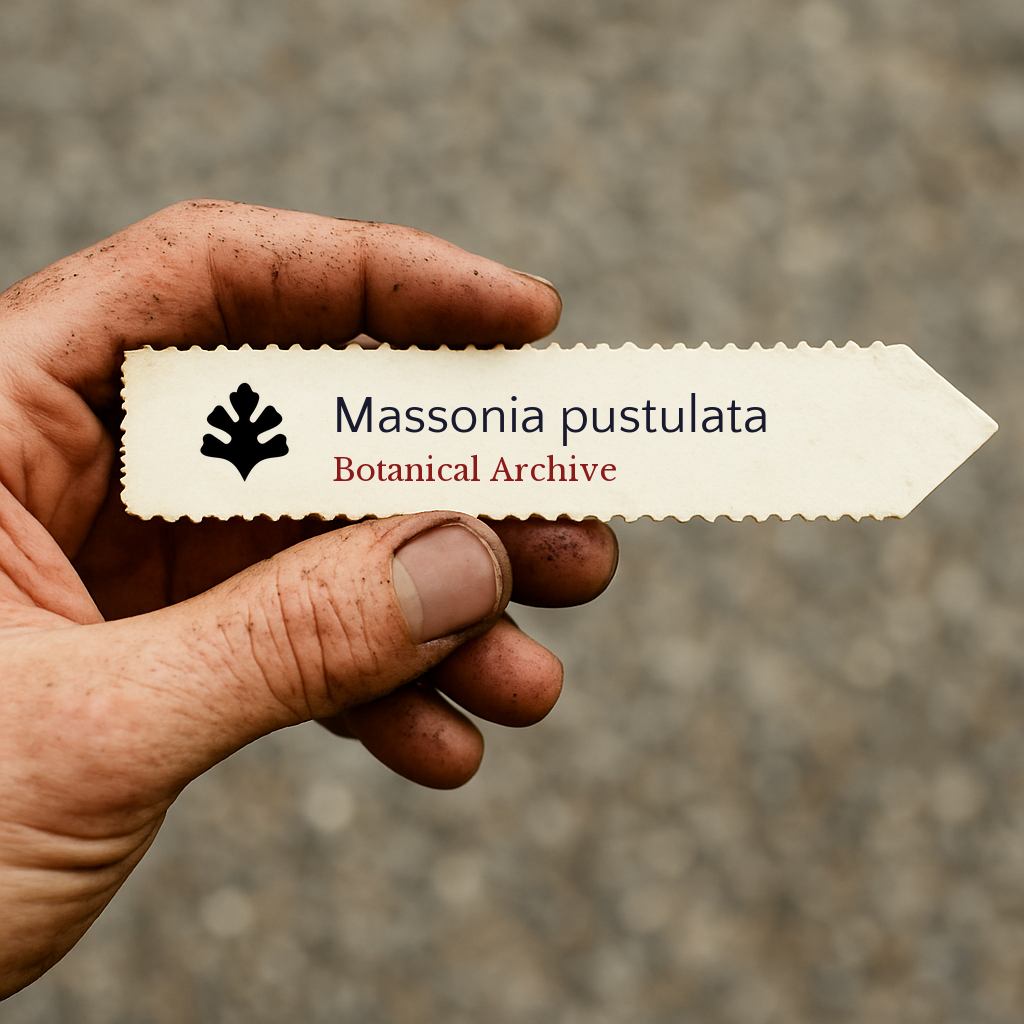 Etichetta stampata per pianta di Massonia pustulata tenuta da mano sporca all'aperto