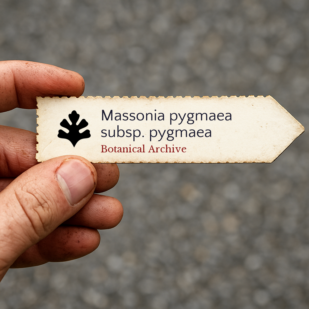 Printed plant label for Massonia pygmaea subsp. pygmaea held by hand with dirt background