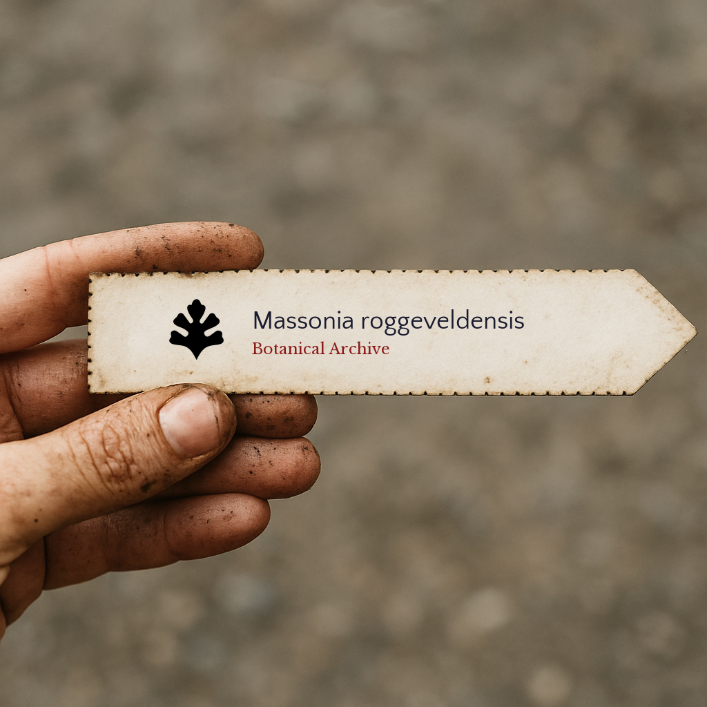 Printed plant label for Massonia roggeveldensis held by a dirt-stained hand
