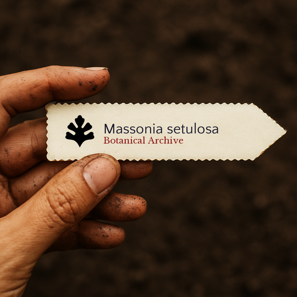 Printed plant label for Massonia setulosa held by dirty hand over soil background