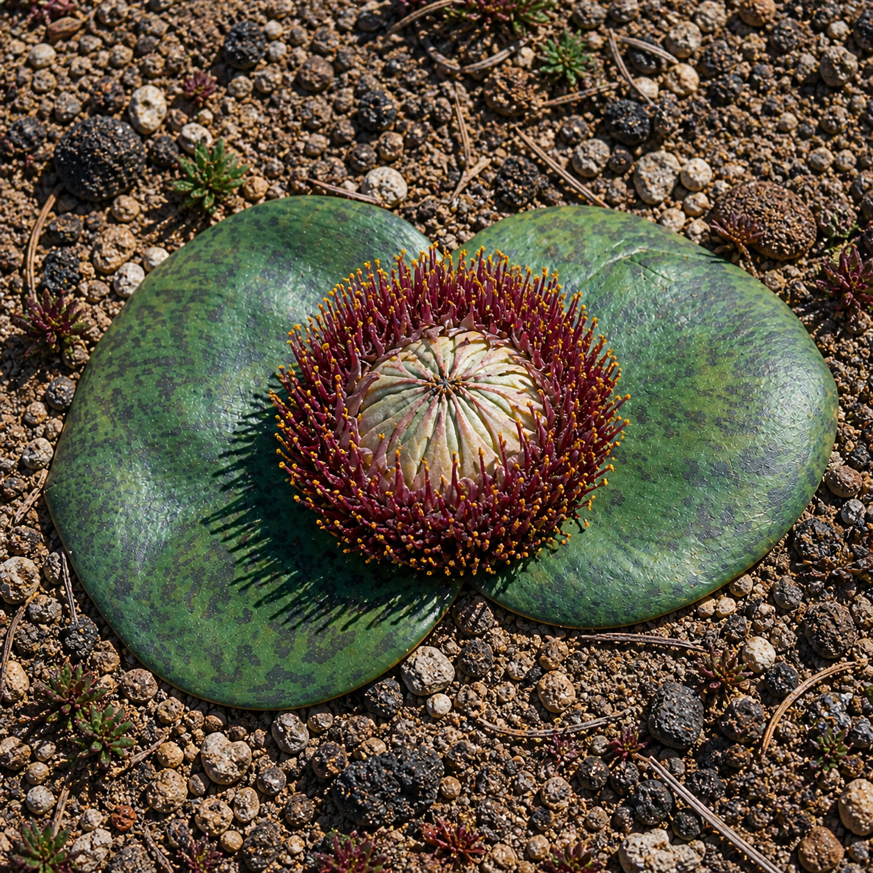 Massonia grandiflora rara succulenta con foglie ampie verdi e denso grappolo di fiori viola