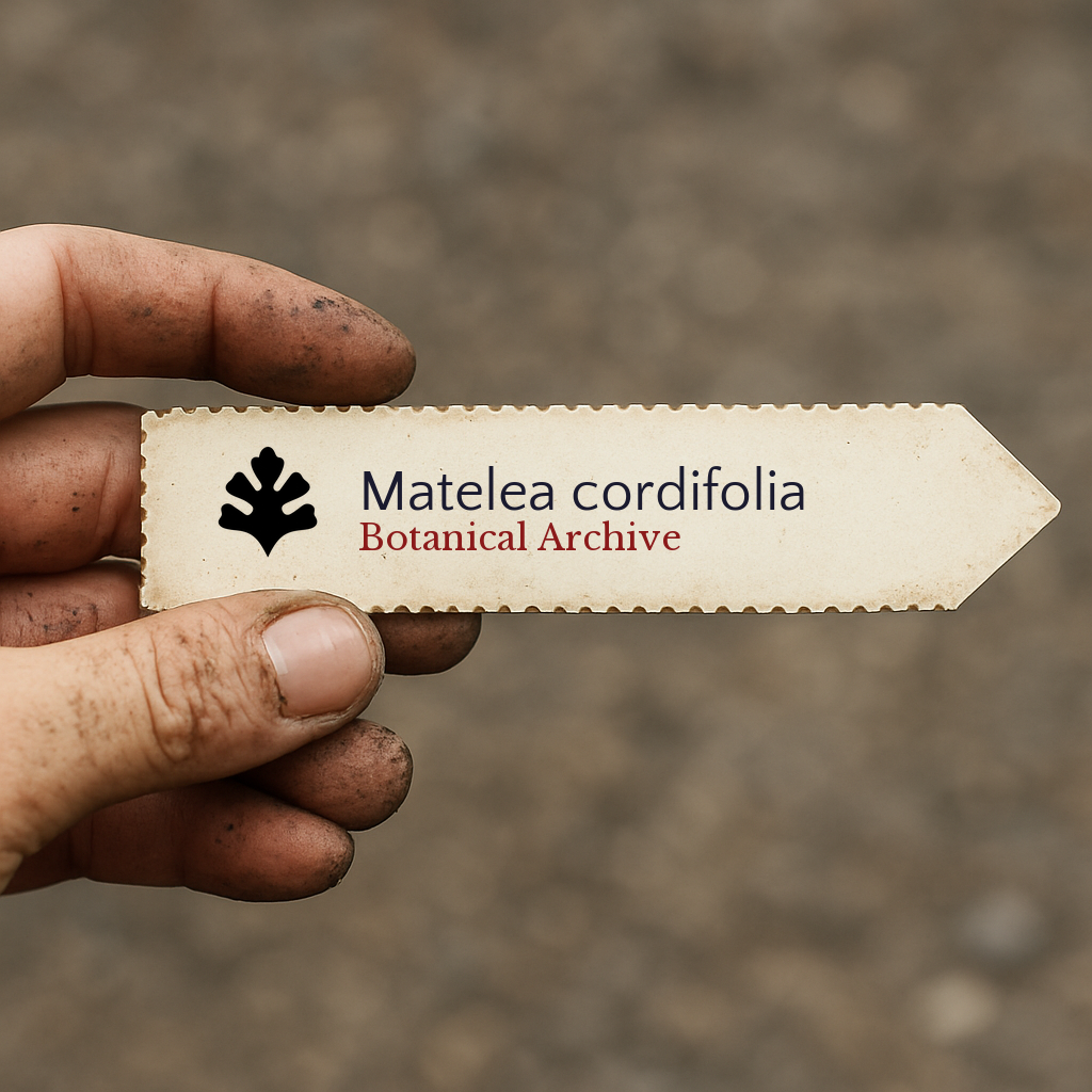Printed plant label for Matelea cordifolia held by dirty hand on blurred background