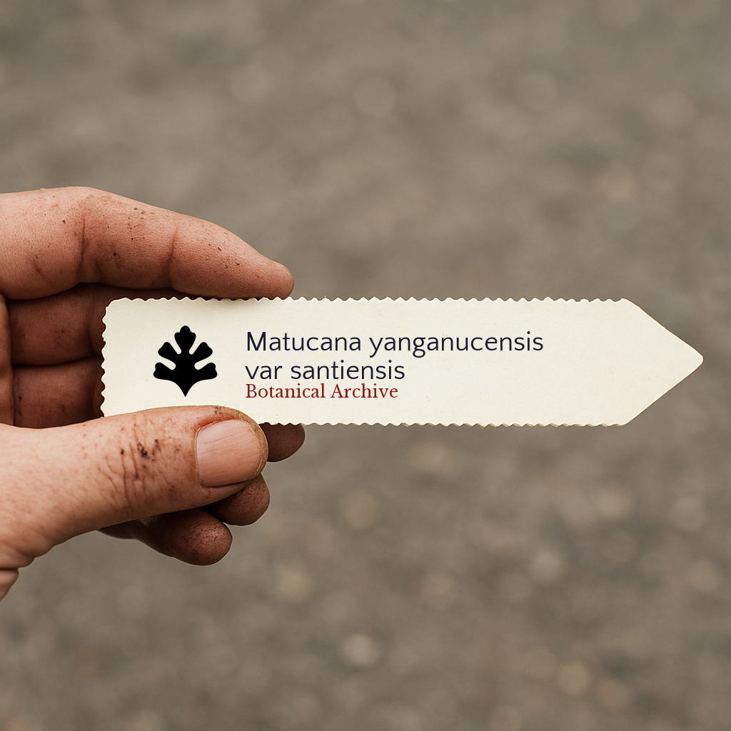 Printed plant label for Matucana yanganucensis var santiensis held by hand outdoors