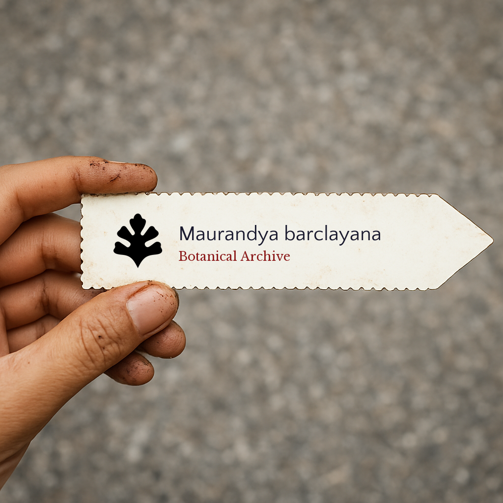 Etichetta per pianta stampata per Maurandya barclayana tenuta a mano con dita macchiate di terra