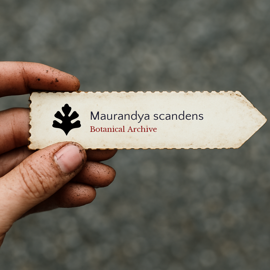 Printed plant label for Maurandya scandens with botanical archive logo held by dirty hand