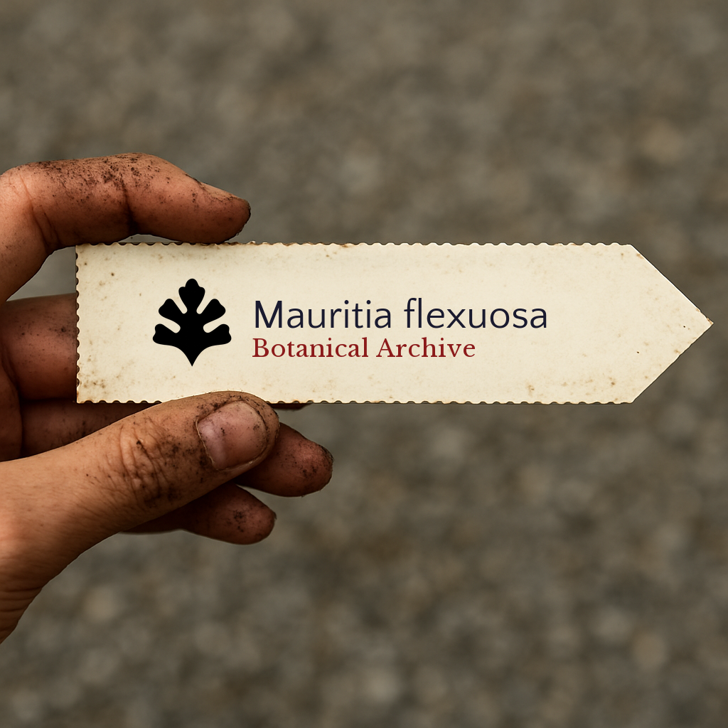 Printed plant label for Mauritia flexuosa with botanical archive logo held by dirty hand