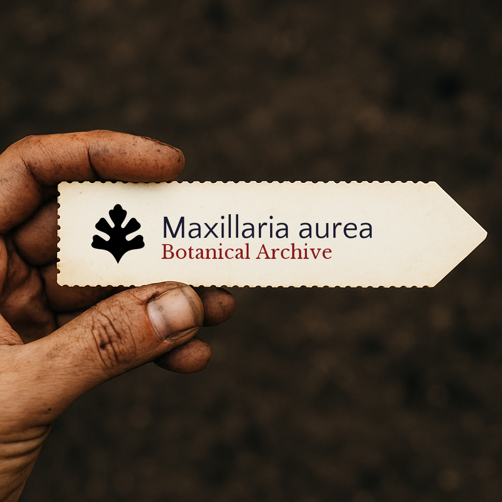 Printed plant label for Maxillaria aurea held by dirty hand against soil background