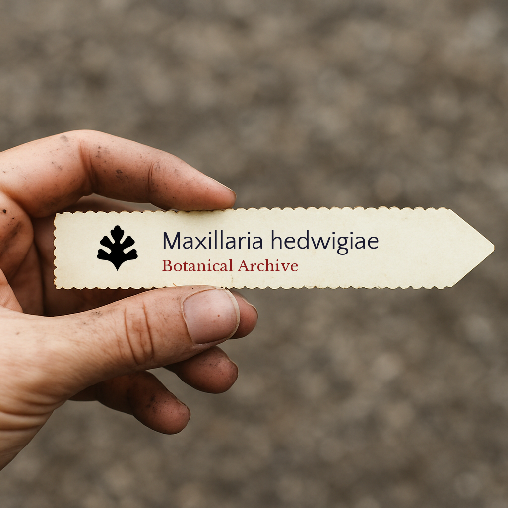 Printed plant label for Maxillaria hedwigiae held by hand with soil background