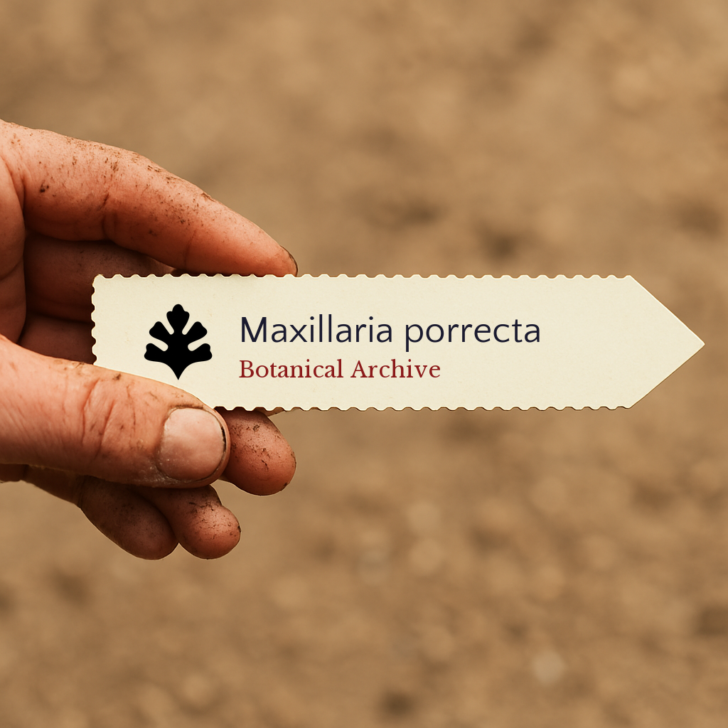 Printed plant label for Maxillaria porrecta held by a dirty hand against soil background
