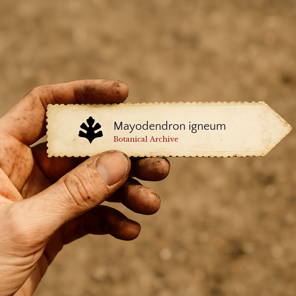 Printed plant label for Mayodendron igneum held by dirty hand against soil background