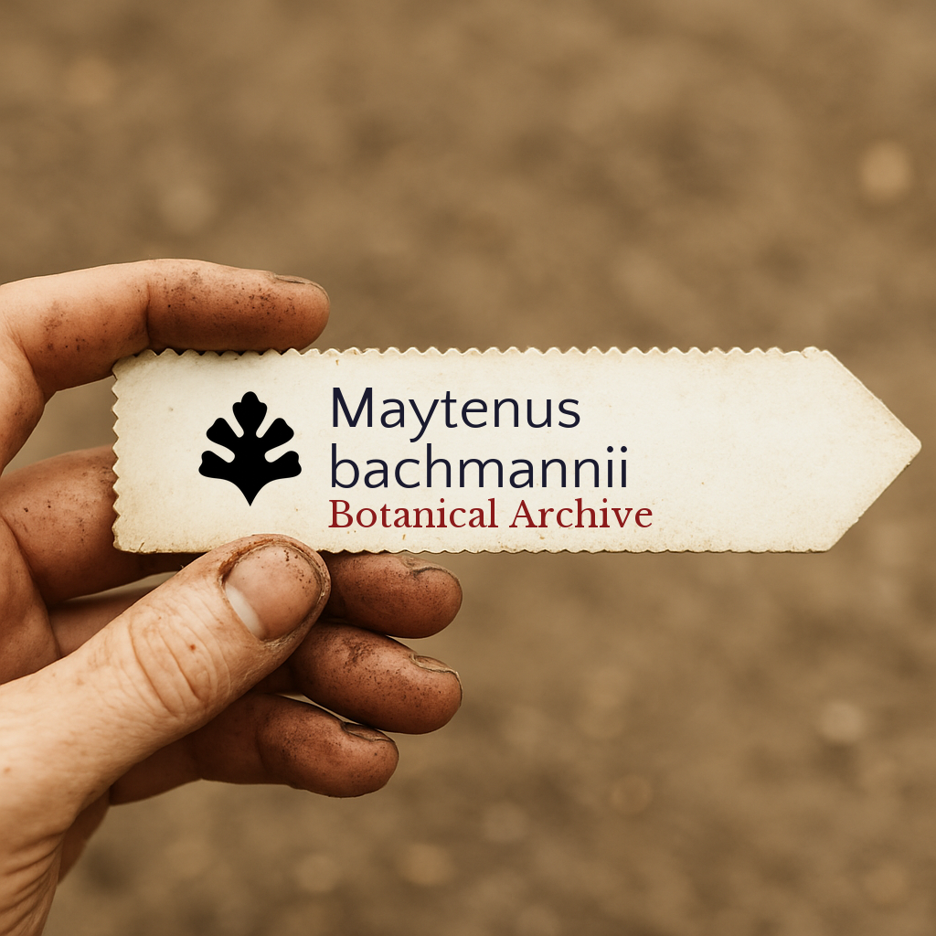 Etichetta stampata per pianta di Maytenus bachmannii tenuta da mano sporca su sfondo di terreno