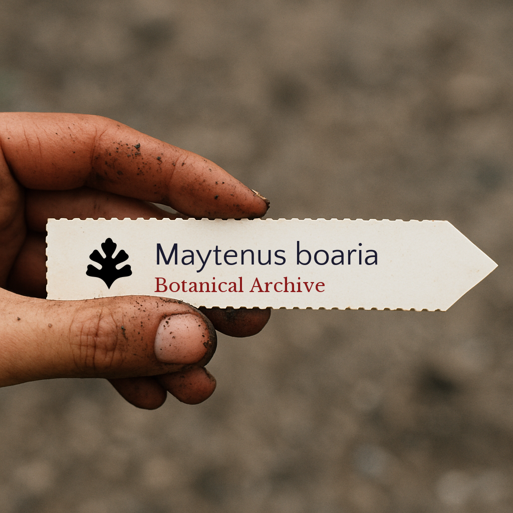 Printed plant label for Maytenus boaria held by dirty hand outdoors