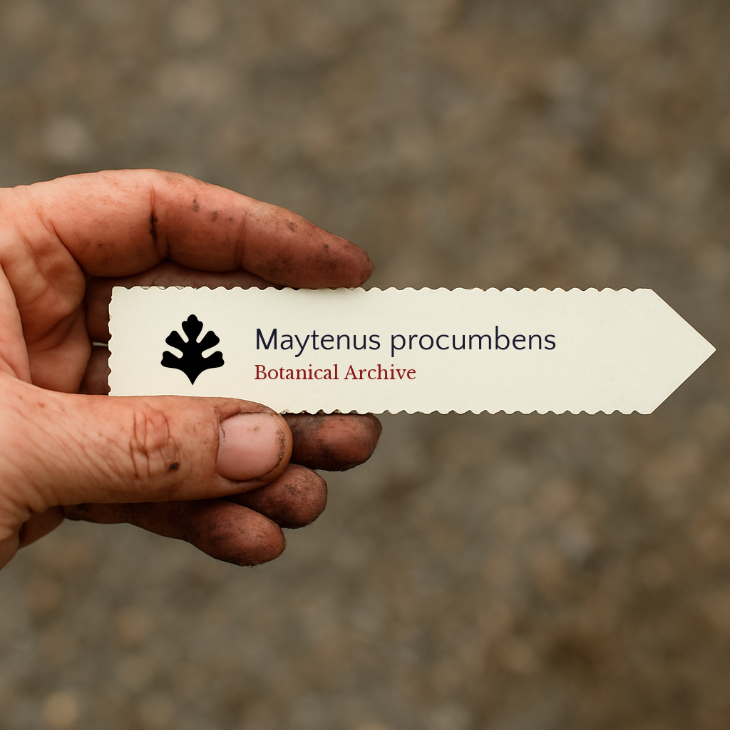 Printed plant label for Maytenus procumbens held by dirty hand against blurred background