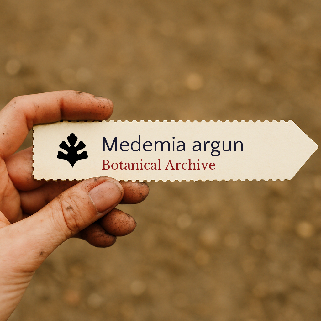 Printed plant label for Medemia argun held by a hand with soil background
