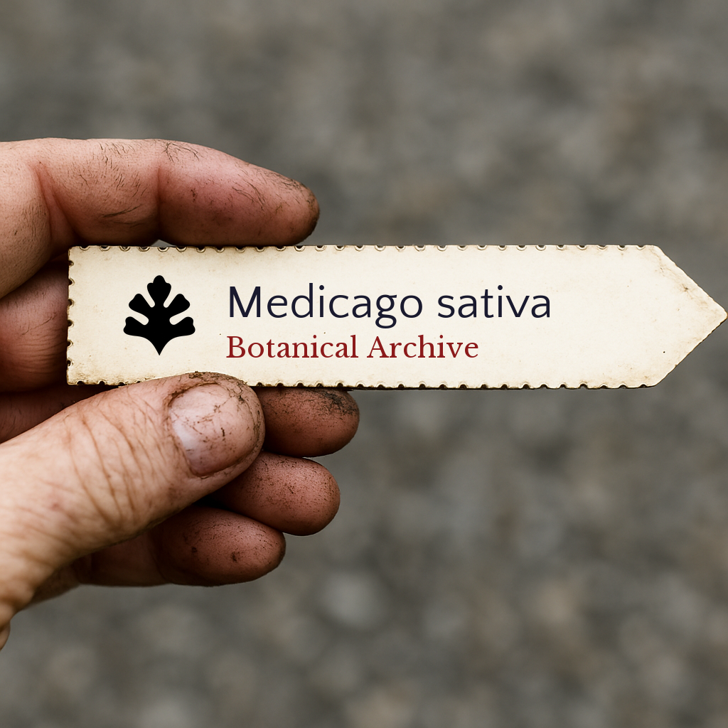 Etichetta stampata per pianta di Medicago sativa tenuta da una mano sporca su sfondo sfocato