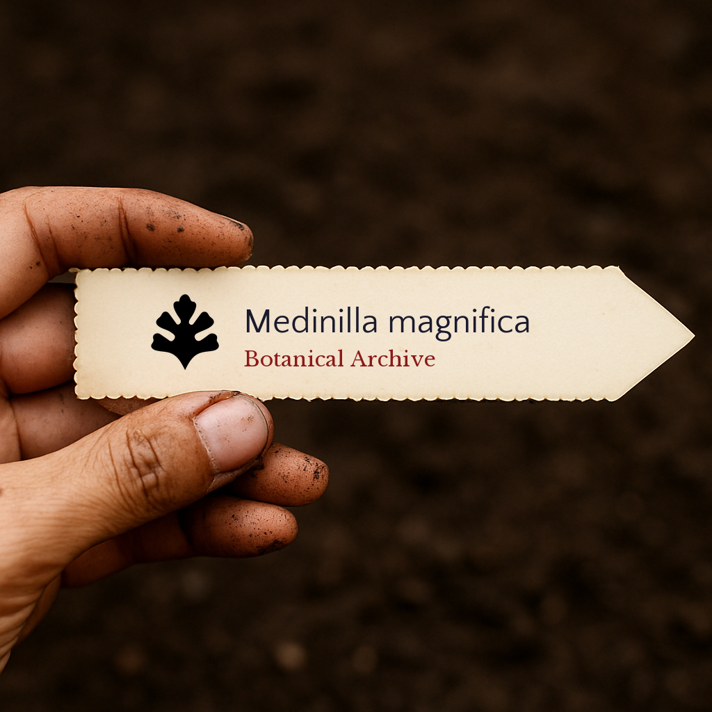 Printed plant label for Medinilla magnifica held by hand with soil background