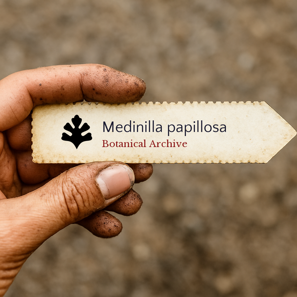Etichetta stampata della pianta per Medinilla papillosa tenuta da una mano sporca con sfondo sfocato