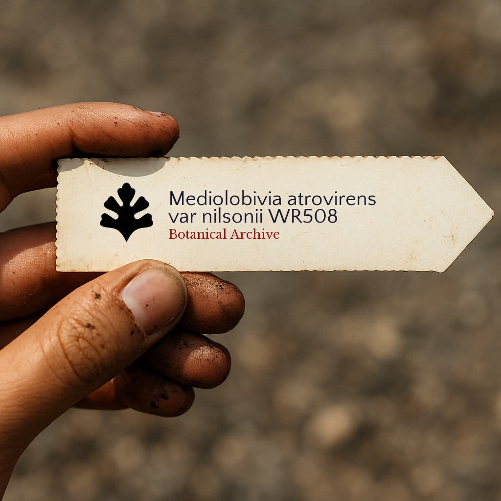 Printed plant label for Mediolobivia atrovirens var nilsonii held by dirty hand outdoors