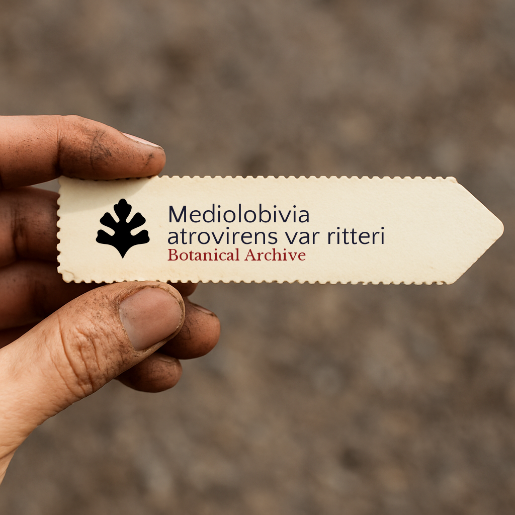 Printed plant label for Mediolobivia atrovirens var ritteri held by dirty hand
