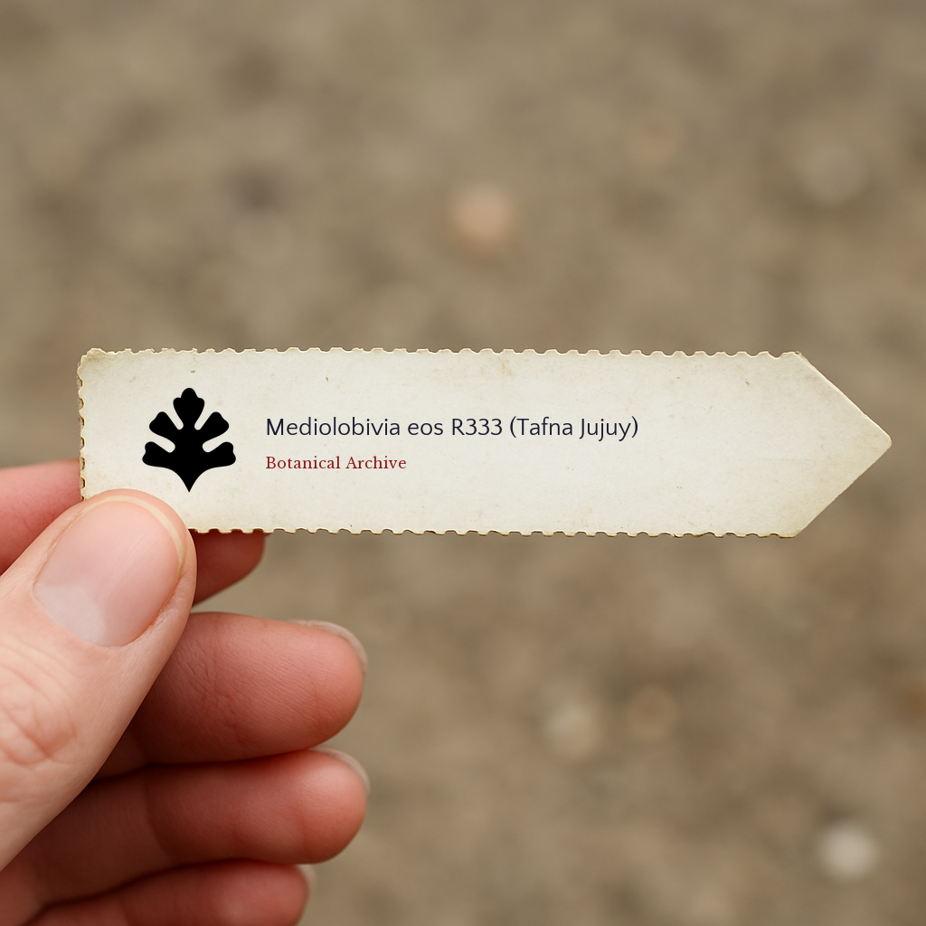 Printed plant label for Mediolobivia eos R333 held against blurred soil background
