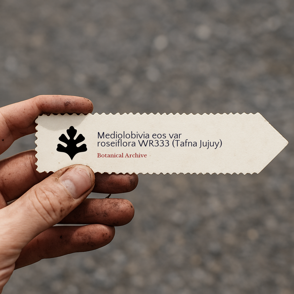 Printed plant label for Mediolobivia eos var roseiflora with botanical archive logo held by dirty hand