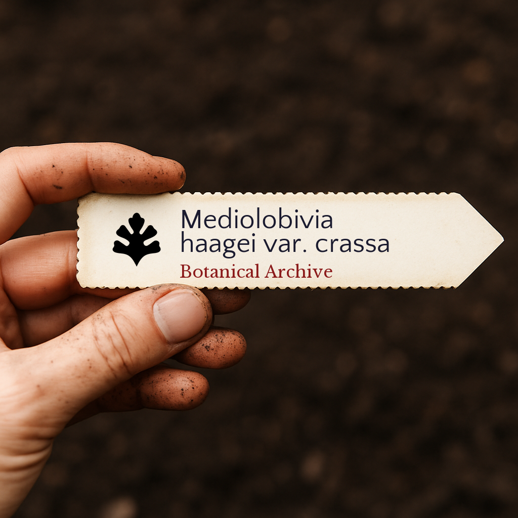 Printed plant label for Mediolobivia haagei var. crassa held over soil background