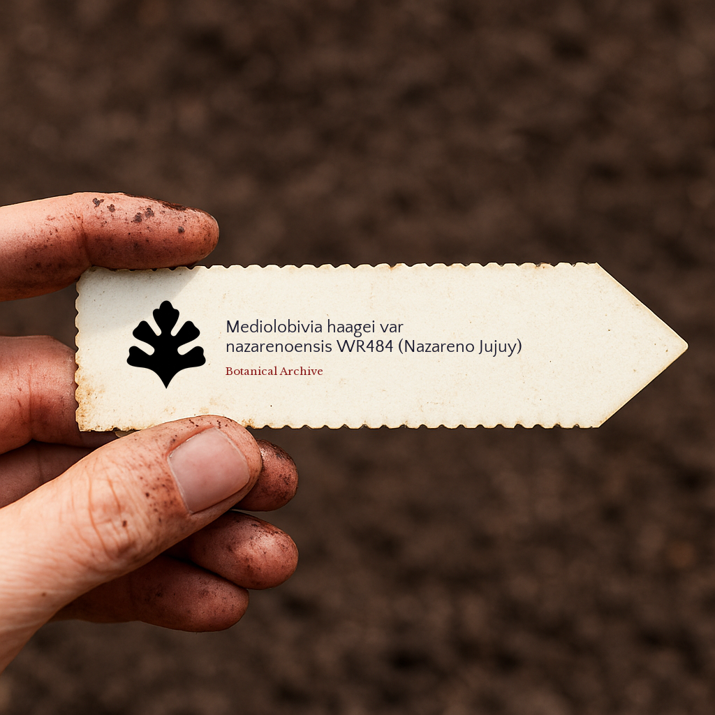 Printed plant label for Mediolobivia haagei var nazarenoensis with dirt-covered fingers holding it