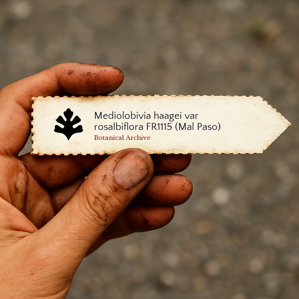 Printed plant label for Mediolobivia haagei var rosalbiflora held in dirty hand outdoors