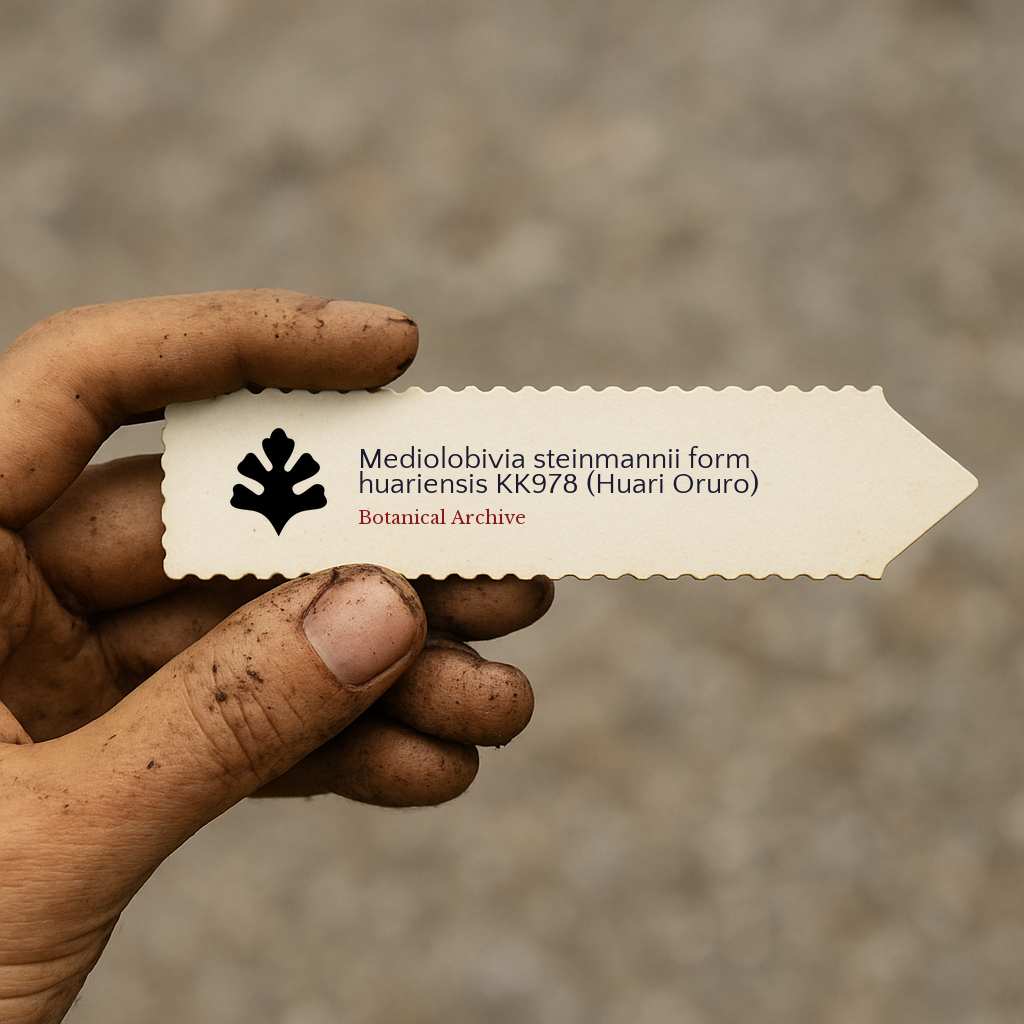 Printed plant label for Mediolobivia steinmannii form huariensis KK978 held by dirty hand