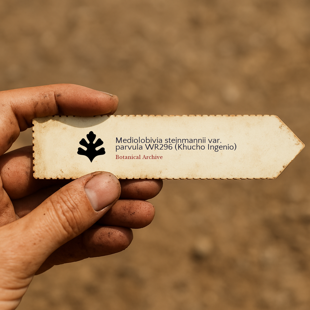 Plant label for Mediolobivia steinmannii var. parvula WR296 held by hand with dirt background